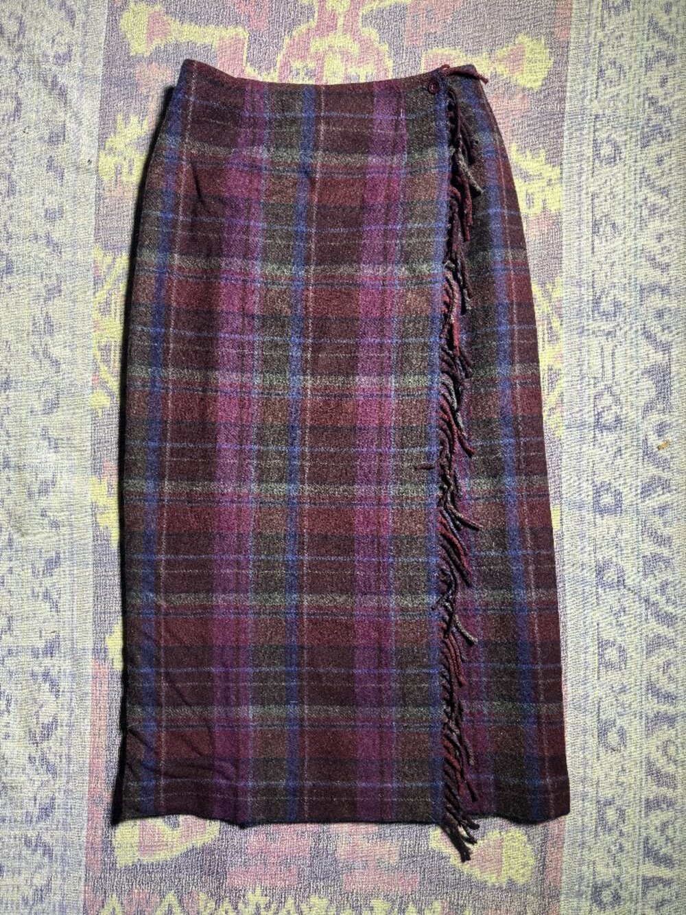 Talbots Plaid Fringe Wool Blend Wrap Skirt Purple Blue Sz 8 - Picture 2 of 15
